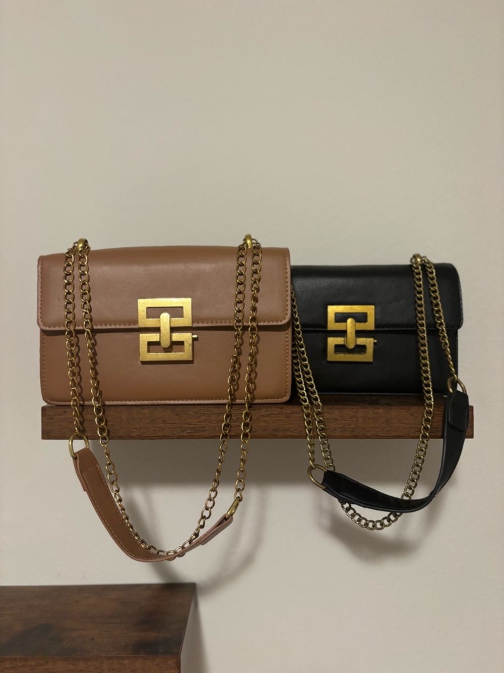 Leather Chain Shoulder Bag - Tan and Black